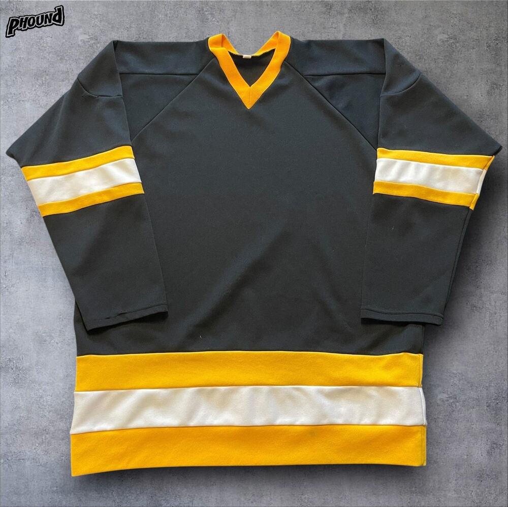 Blank Hockey Jersey Shirt Mens Large Black Gold Striped V Neck Pullover